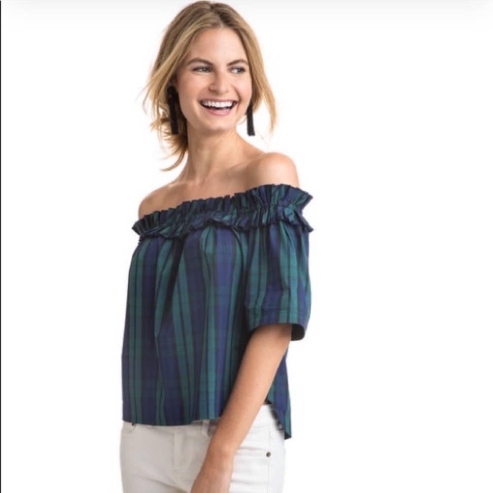Vineyard Vines Off the Shoulder Plaid Ruffle Top